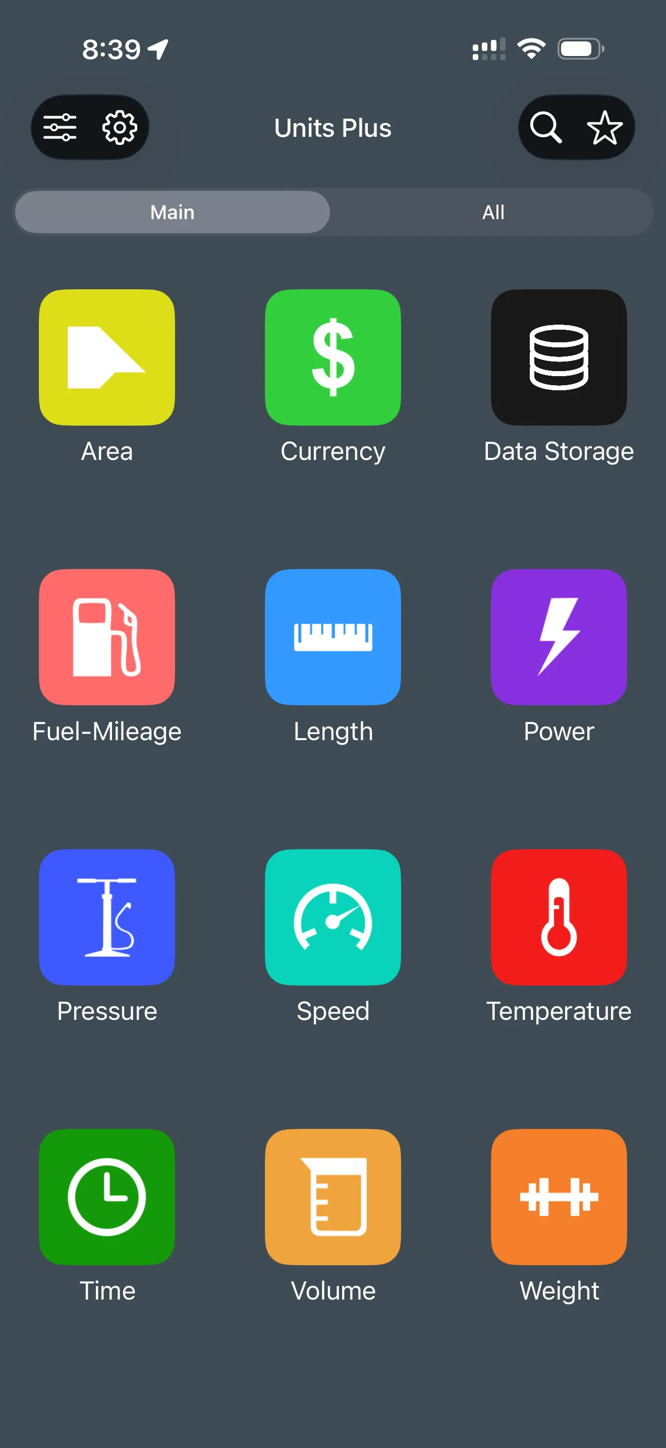 A screenshot of the Units Plus Converter app showing all the possible conversion options.