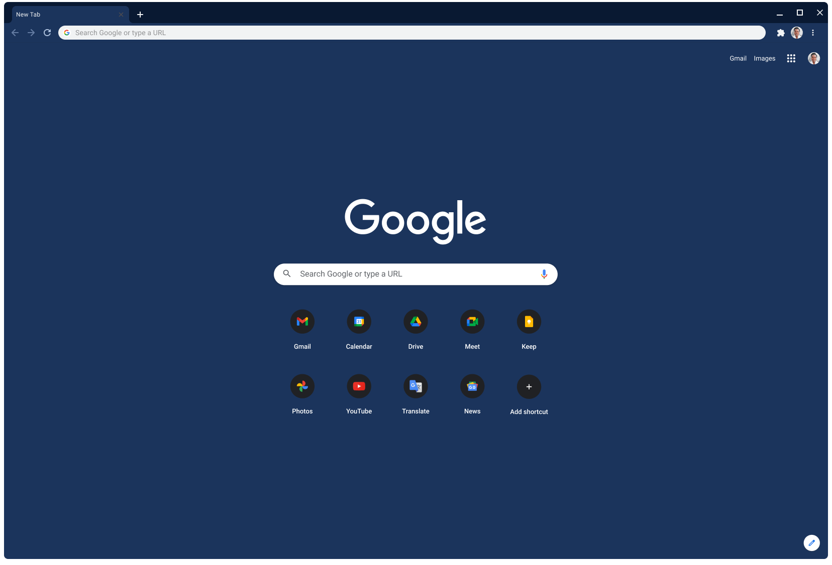 Вікно веб-переглядача Chrome, у якому відкрито сторінку Google.com і використовується сіра тема.