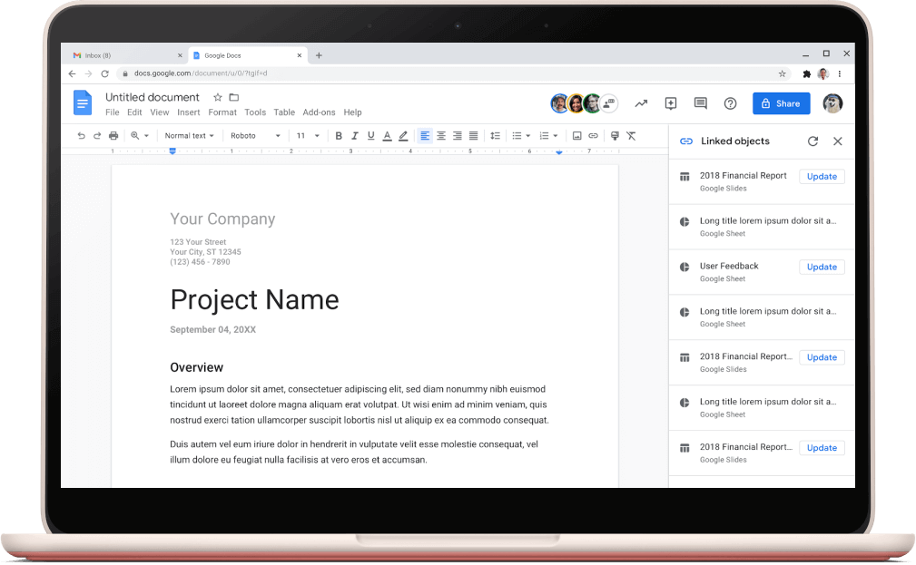 Екран редактора Google Документи, на якому показано відкритий шаблон проекту.