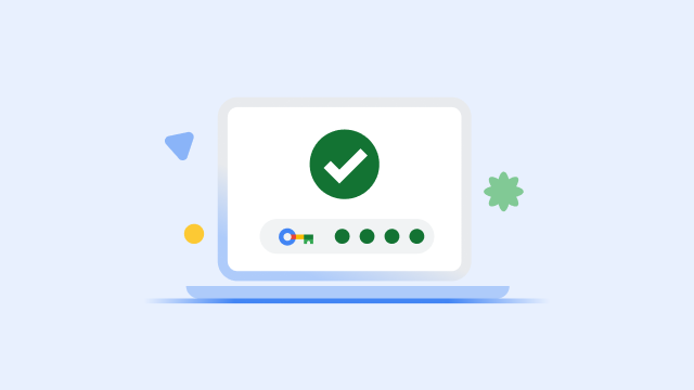 Laptop screen displaying a large green tick and a completed security key progress bar.